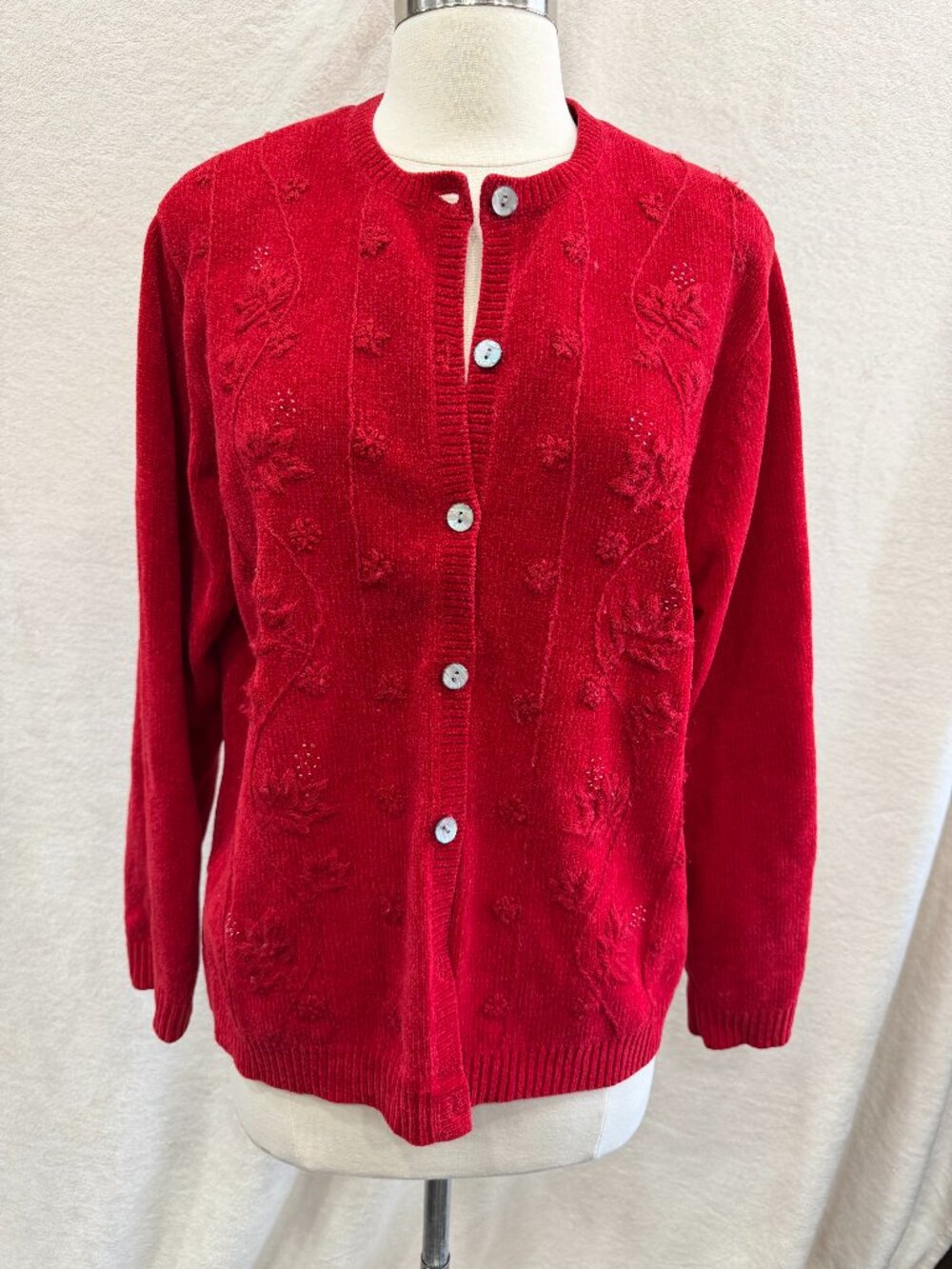 Karen Scott Red Embroidered Cardigan Sweater XL Cozy Floral Button Front